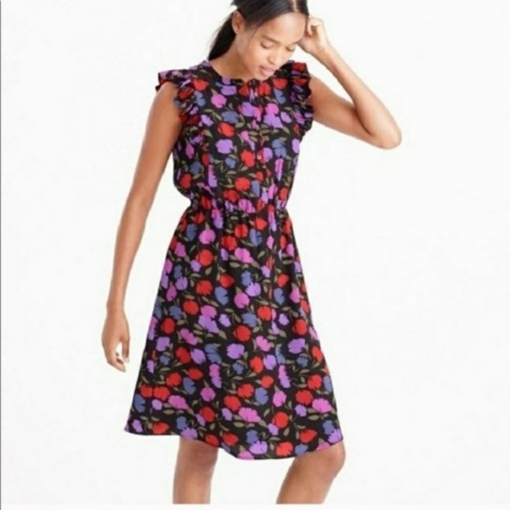 J. Crew Black Midi Dress with Red and Purple Floral Print